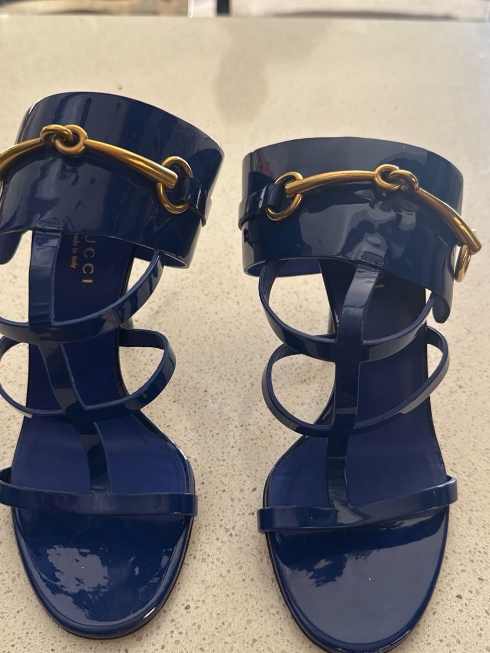 Gucci Navy Patent Leather Strappy Sandals with Gold Horsebit Accent